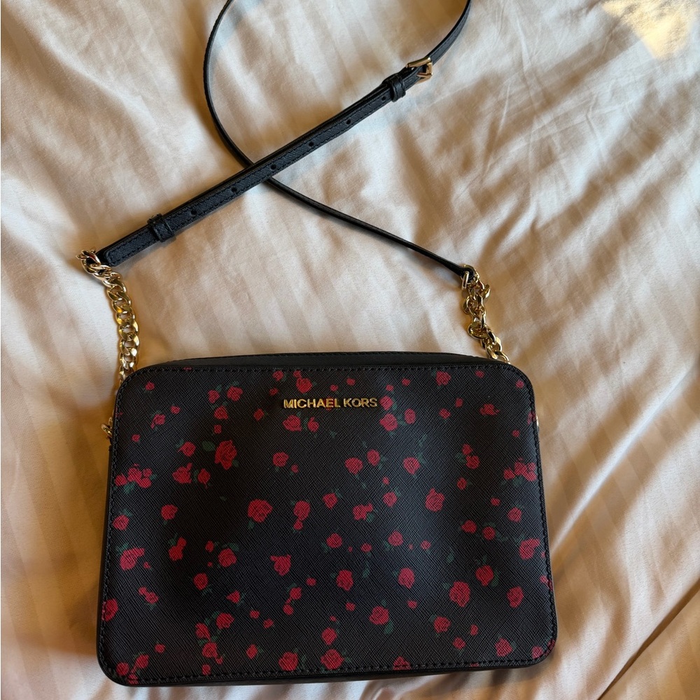 Michael Kors Black Crossbody with Red Floral Print
